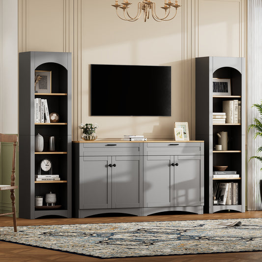 Anthony & Home Mid-Century Atelier TV console with built-in bookshelf, 70-inch wide wood media stand and storage unit