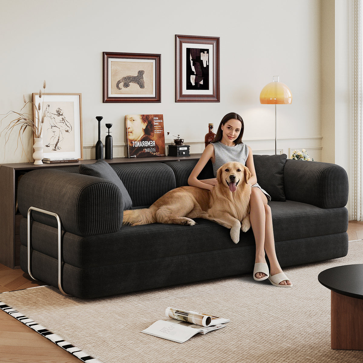 Black Anthony & Home Corduroy Convertible Sofa Bed from the Atelier Collection, showing the sofa in its upright and bed configurations.