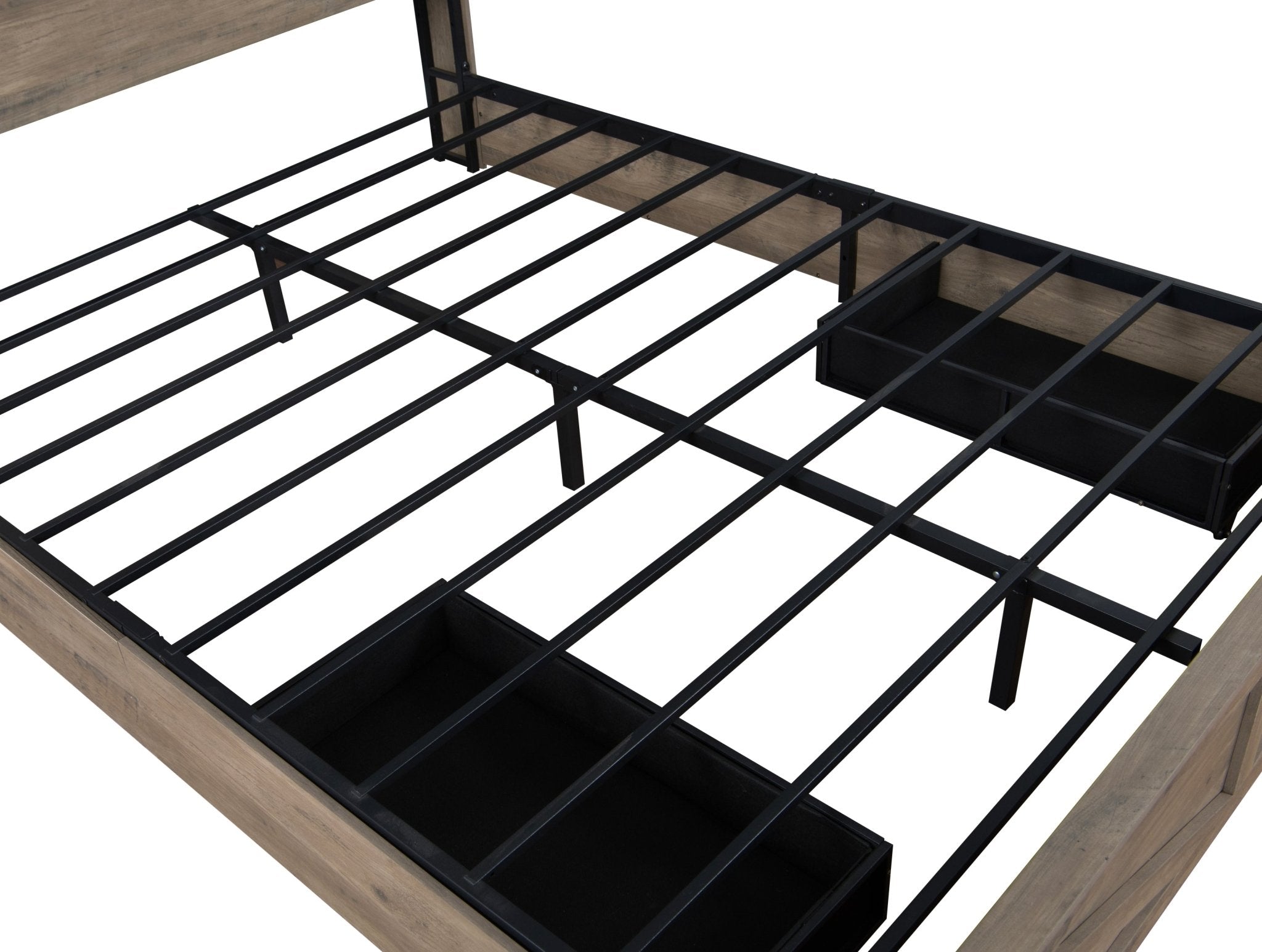 Grey farmhouse queen bed frame by Anthony & Home with rustic wood finish, LED lighting, charging station, and storage drawers.