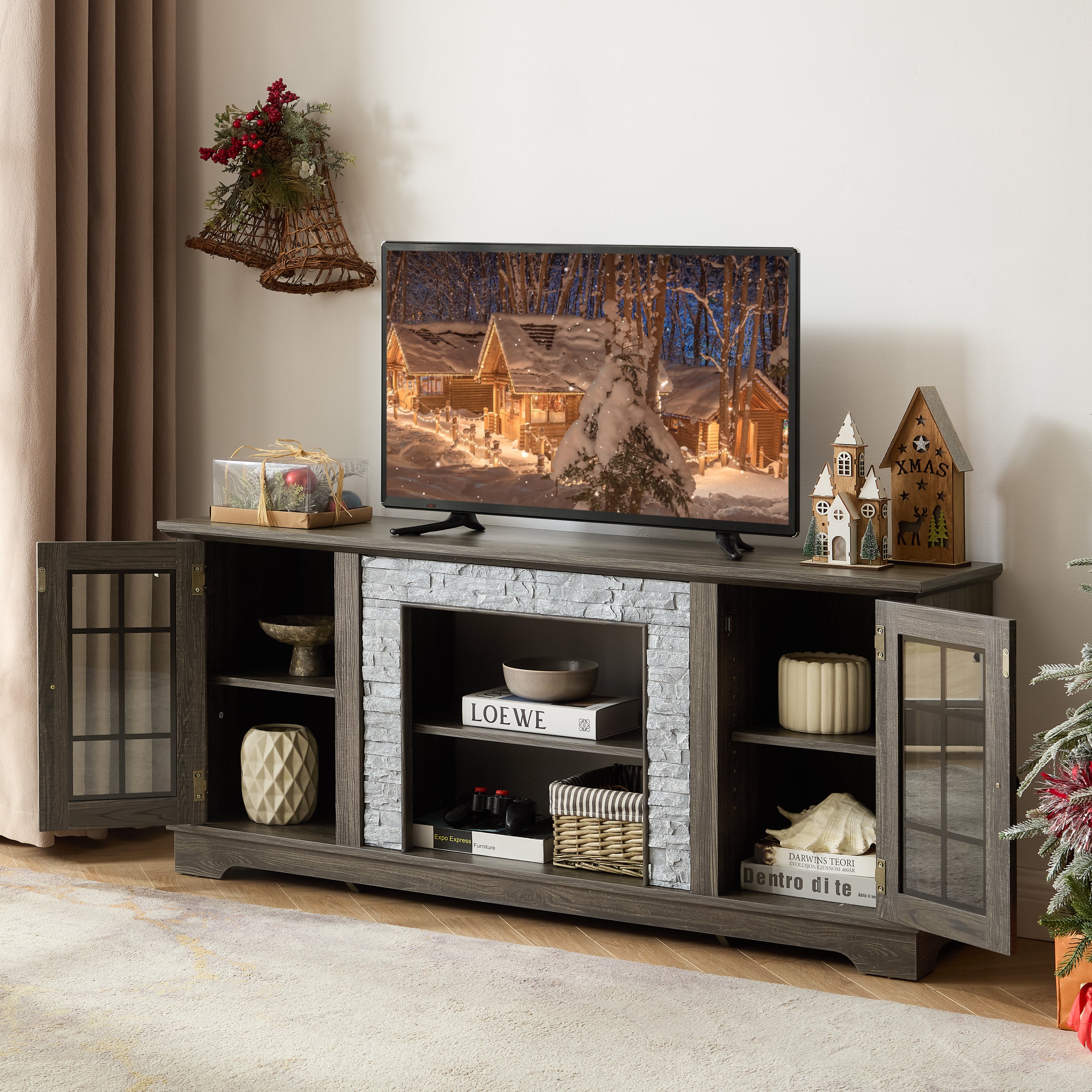 Anthony & Home Atelier Faux Stone Grey TV Stand with modern design and storage compartments, showcasing a sleek, textured surface.
