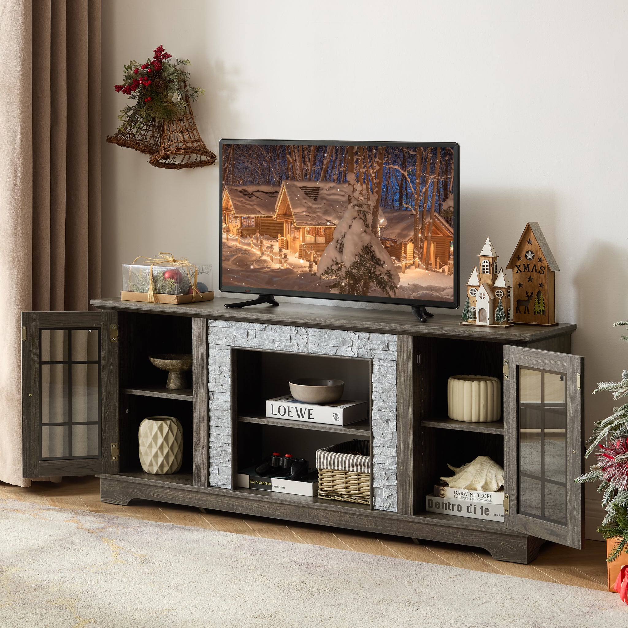 Anthony & Home Atelier Faux Stone Grey TV Stand with modern design and storage compartments, showcasing a sleek, textured surface.