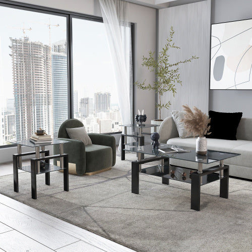 Set of 2 Modern Tempered Glass Tea Coffee End Tables Black
