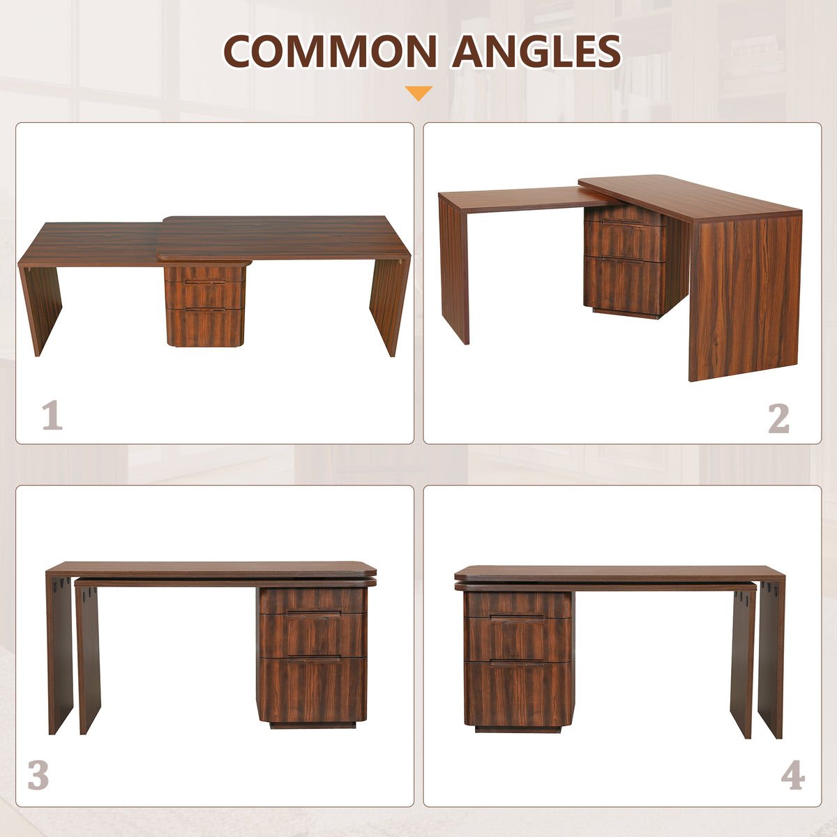 Walnut L-shaped desk by Anthony & Home with three drawers and 360-degree rotation, featuring a modern workspace design.