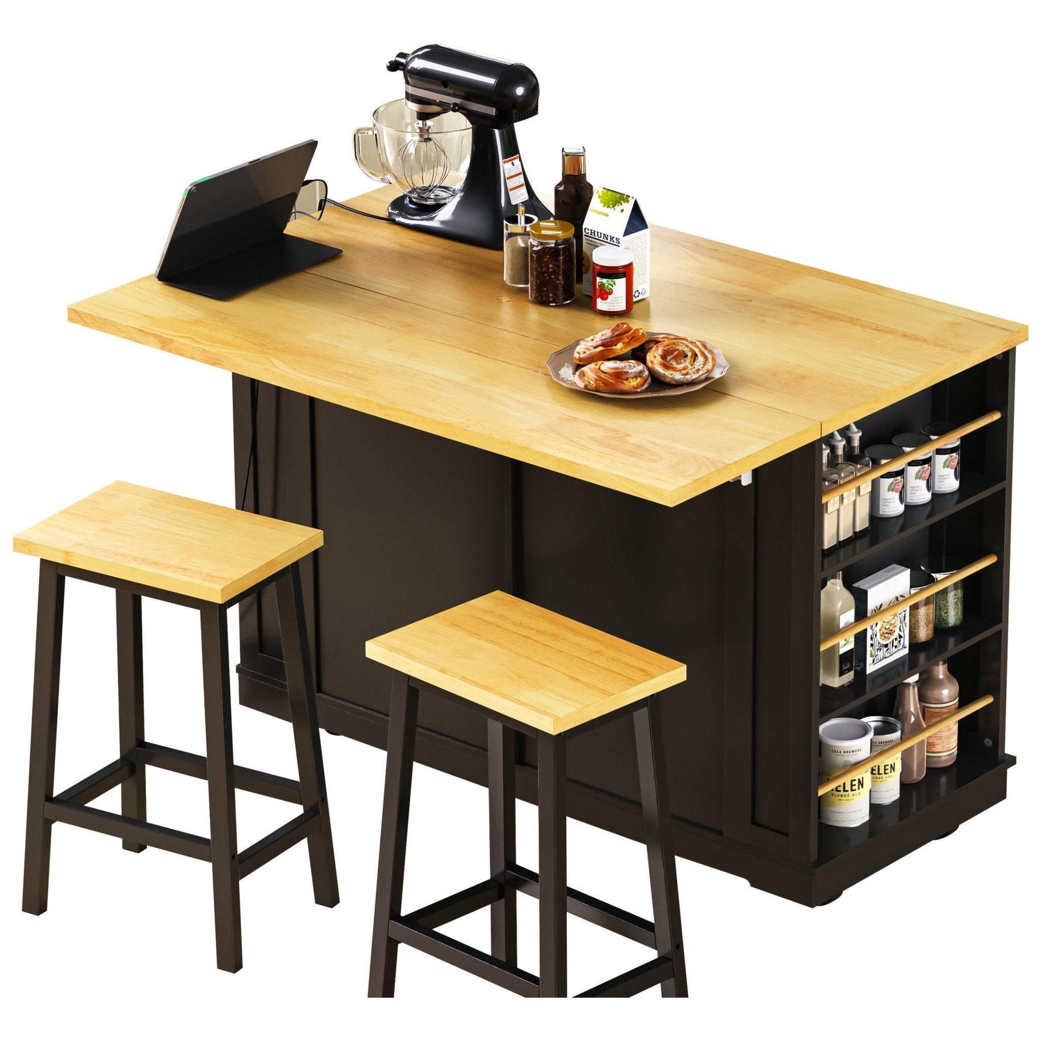 Matte black kitchen island with drop leaf, limited edition by Anthony & Home, showing its sleek design and spacious surface.