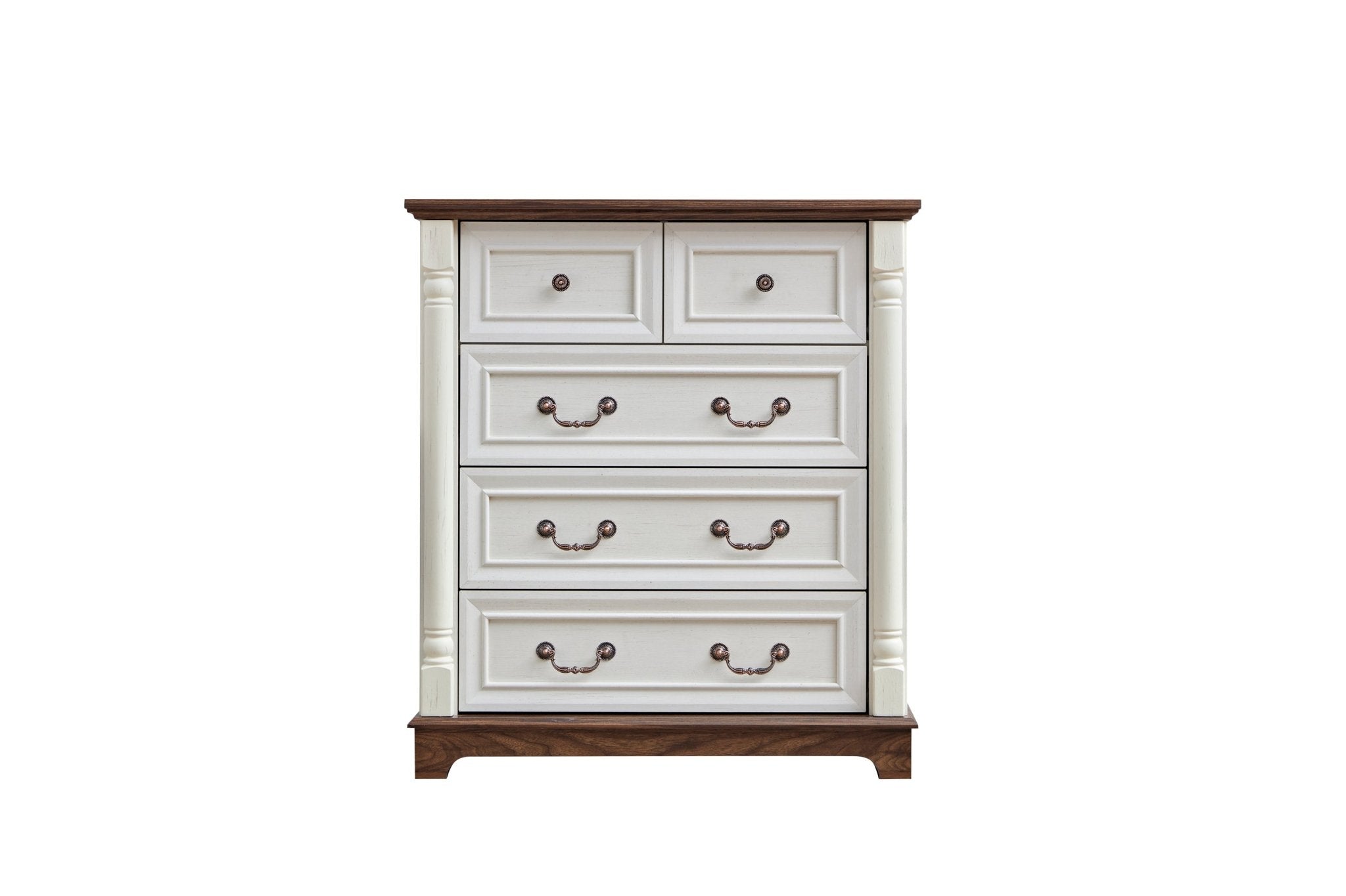 Walnut finish farmhouse 5-drawer dresser chest with plinth base from Anthony & Home Heritage Collection.