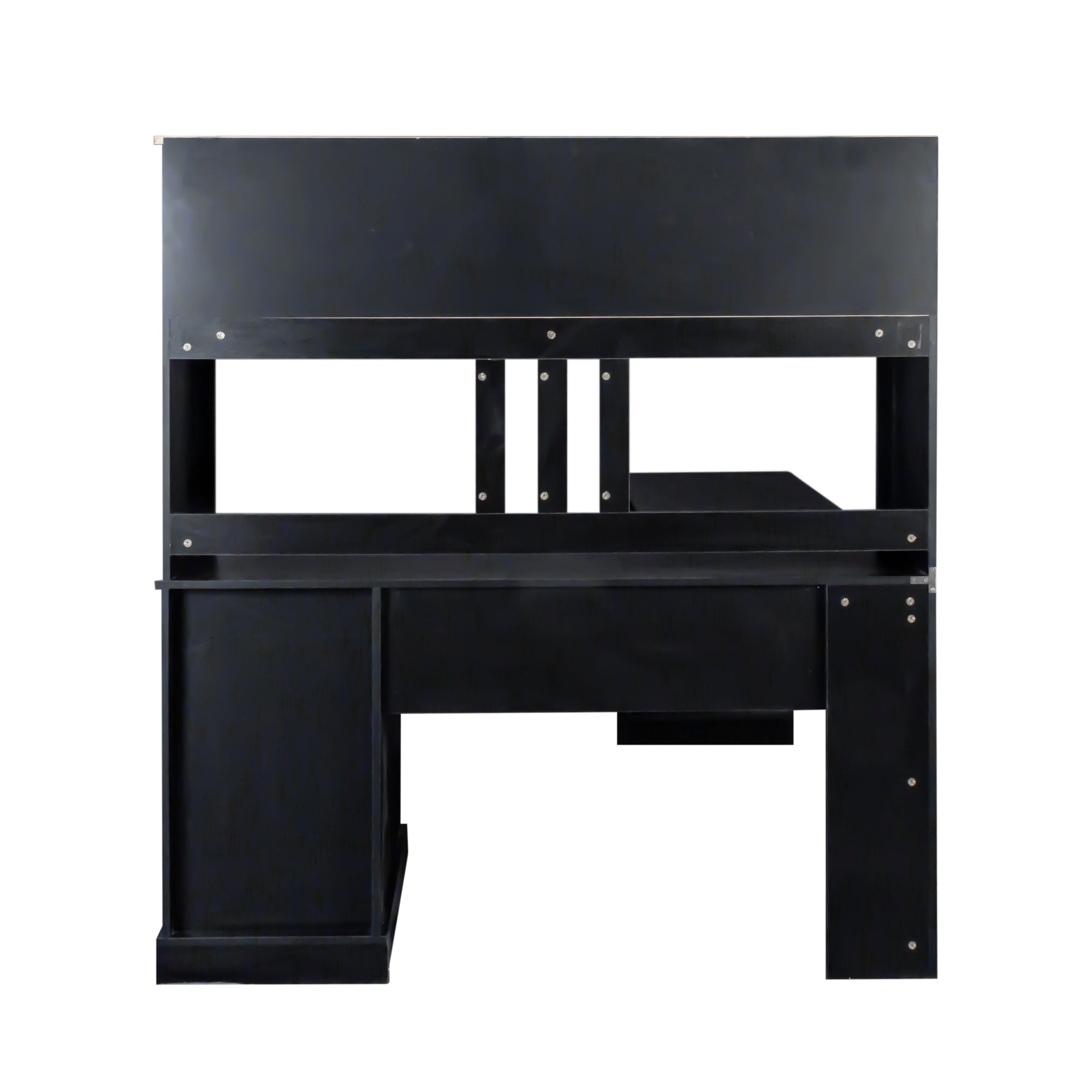 Antiqued black home office computer desk with hutch from Anthony & Home Studio Collection, featuring a spacious workspace and storage.
