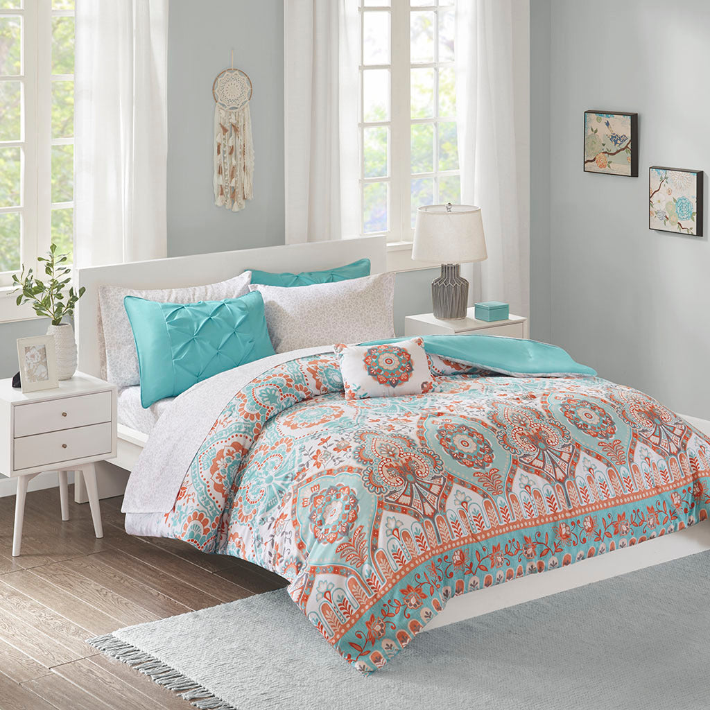Queen Boho Comforter Set With Bed Sheets Aqua Polyester Collection Subtle Textured Finish