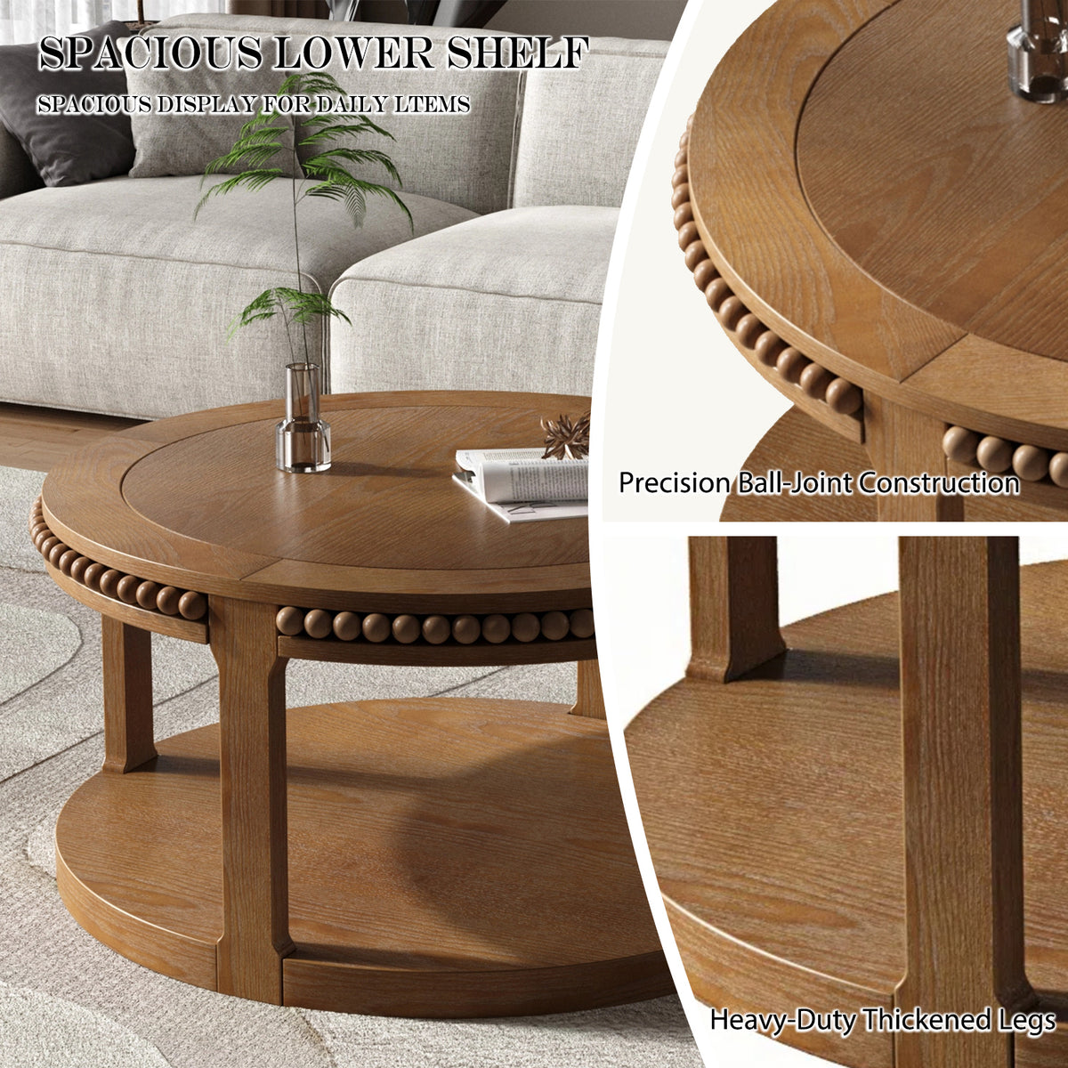 Anthony & Home Studio Walnut Round Coffee Table with two-tier solid wood surface, showcasing a stylish and durable living room centerpiece.
