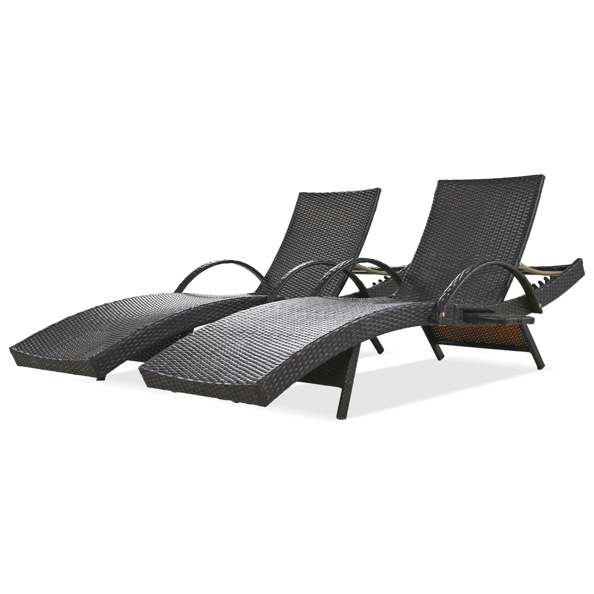 Anthony & Home outdoor wicker chaise lounges set with pull-out side table, adjustable backrests, dark brown finish