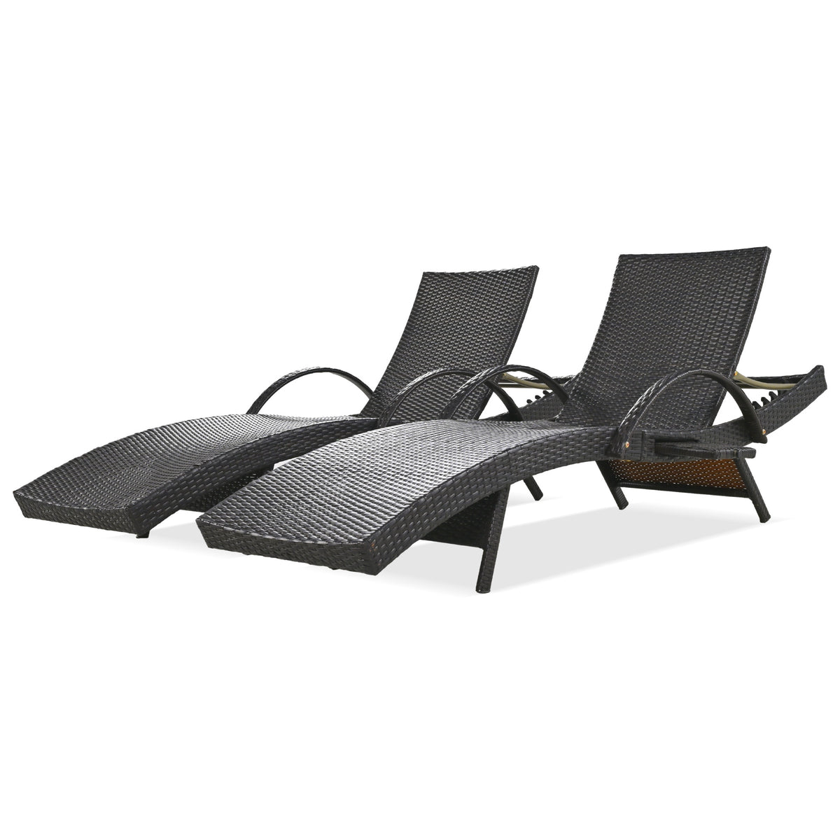 Anthony & Home outdoor wicker chaise lounges set with pull-out side table, adjustable backrests, dark brown finish