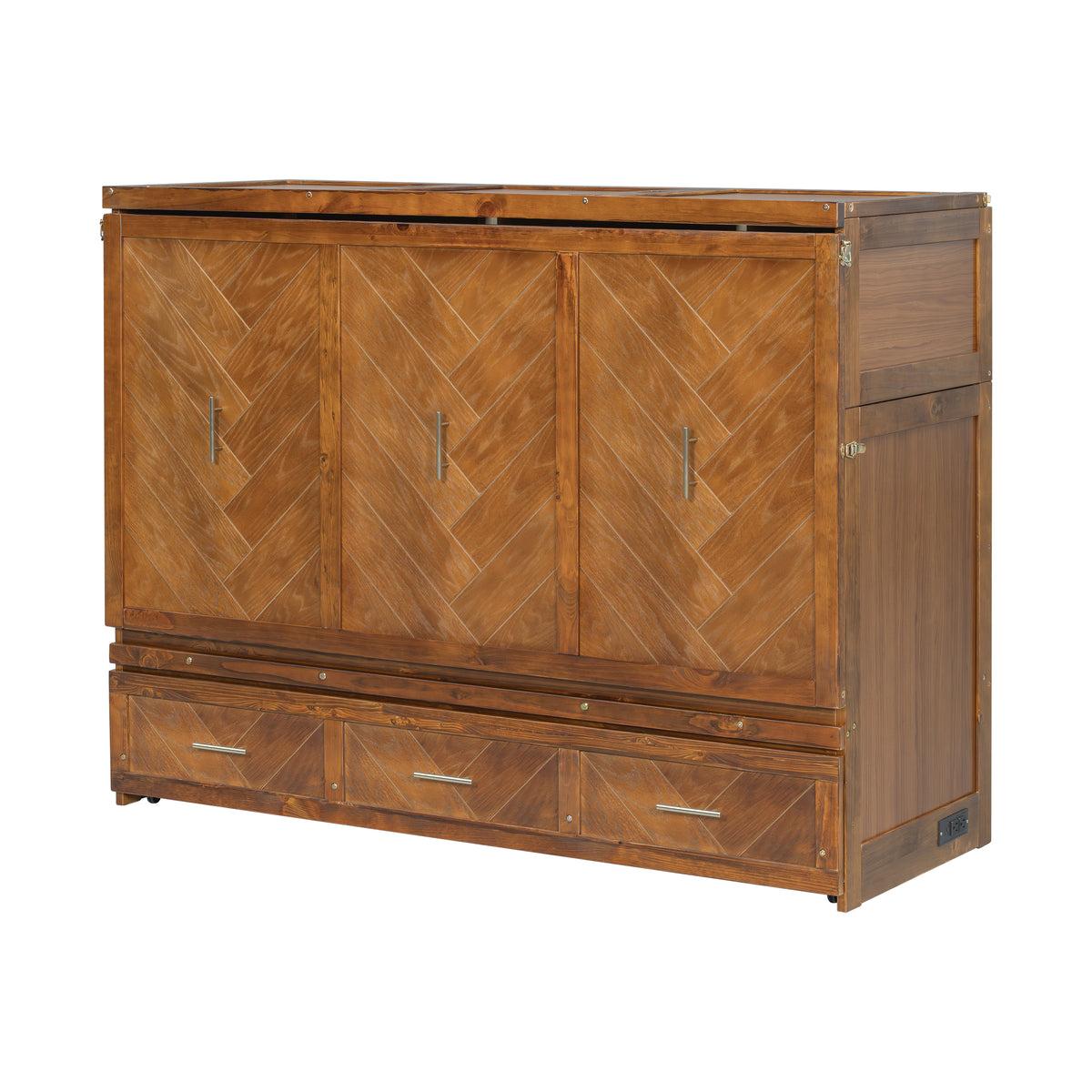 Queen size walnut Murphy bed with geometric panel from Anthony & Home, featuring USB charging ports in a modern studio setting.