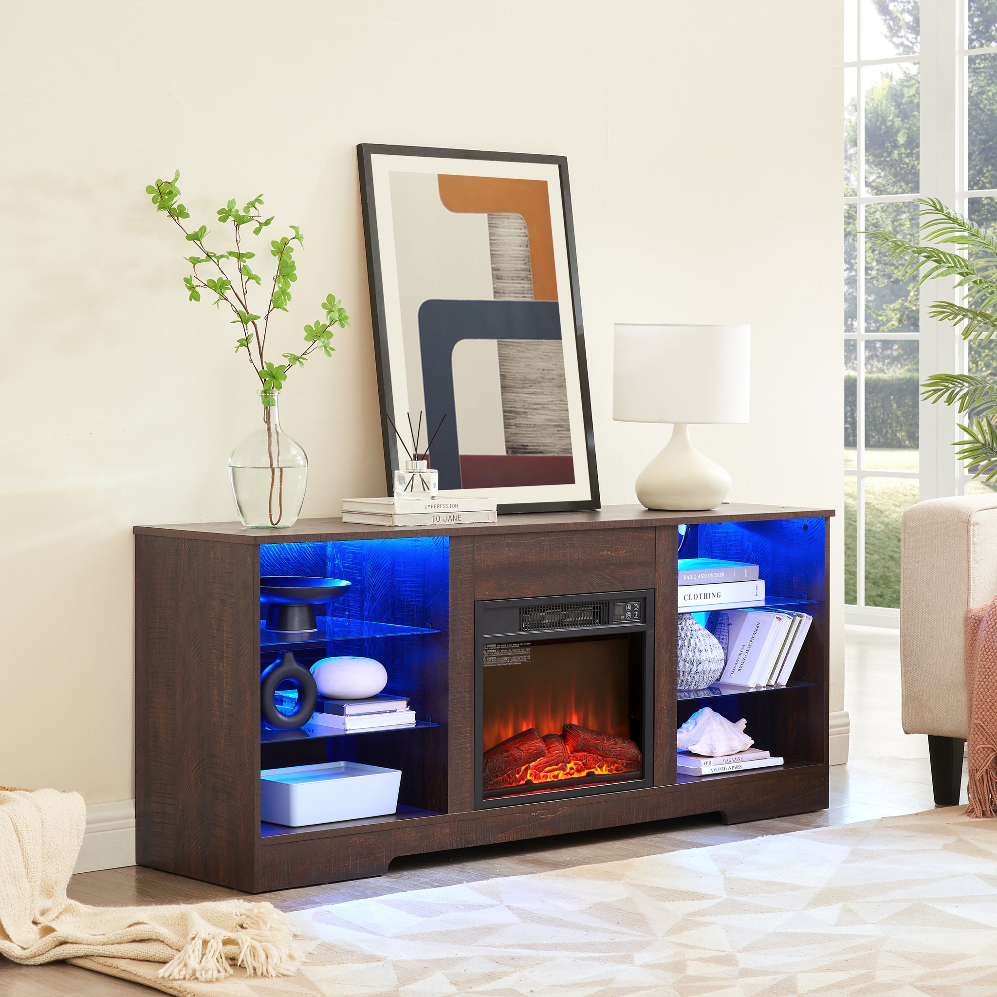 Anthony & Home electric fireplace TV stand with glass shelves, LED lighting, USB outlet, part of the Studio Collection.