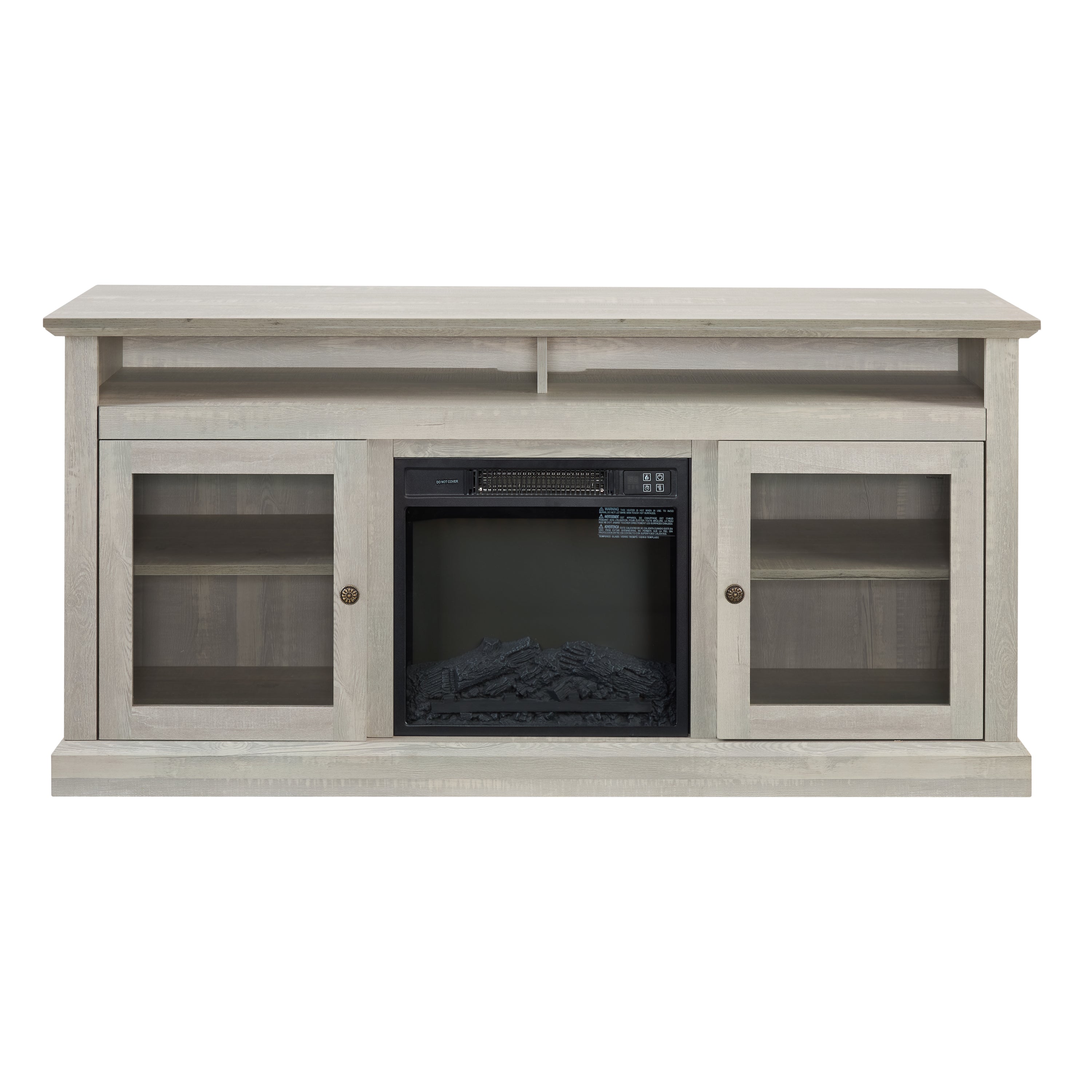 Contemporary stone gray TV media stand with open and closed storage, 18-inch fireplace insert, for TVs up to 65 inches, by Anthony & Home.