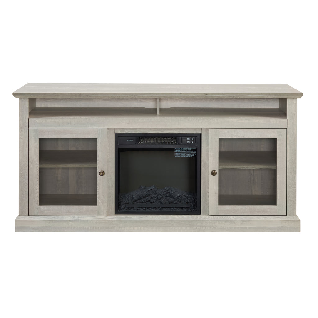 Stone gray finish Studio TV media console with built-in fireplace from Anthony & Home, featuring a modern design and sleek storage.