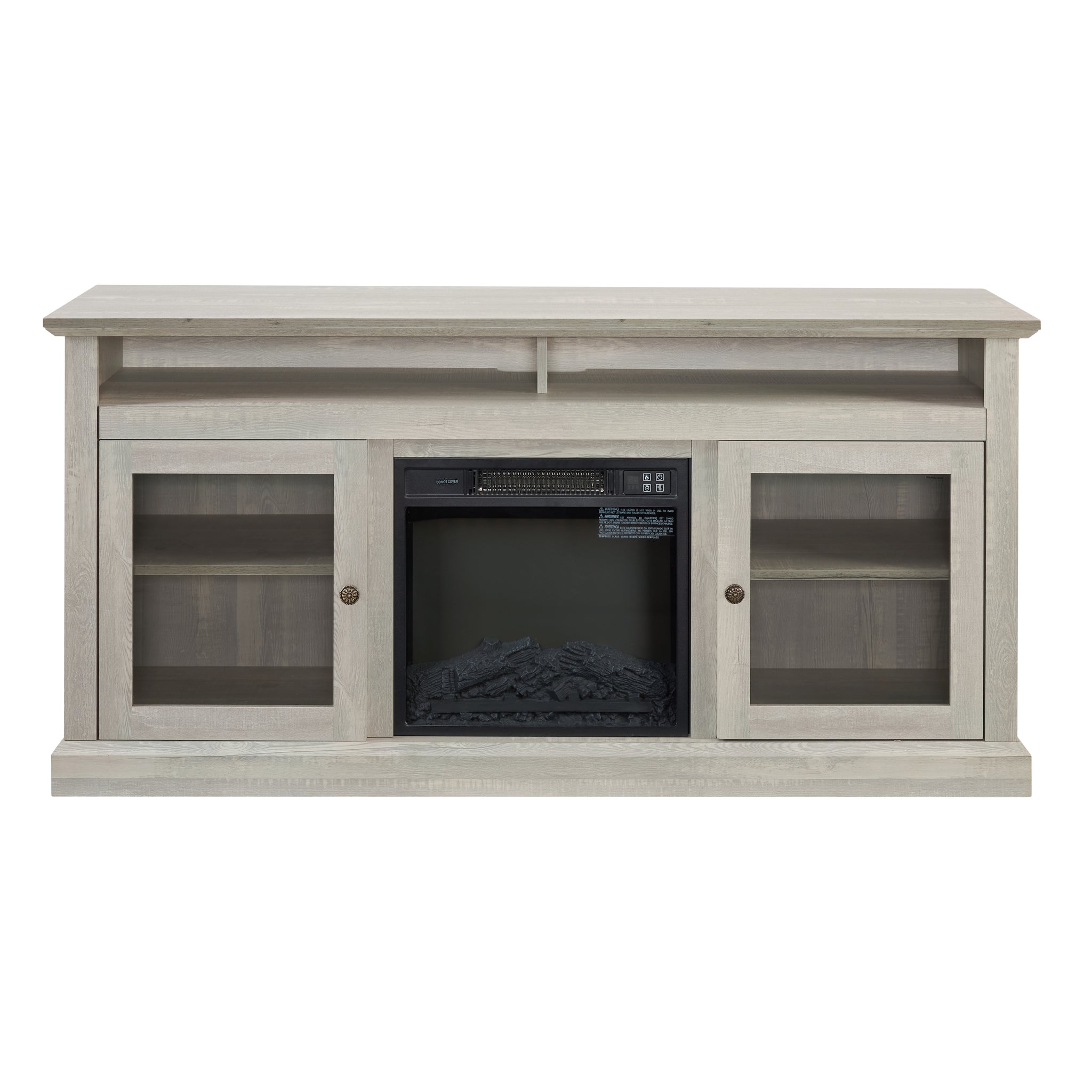 Stone gray finish Studio TV media console with built-in fireplace from Anthony & Home, featuring a modern design and sleek storage.
