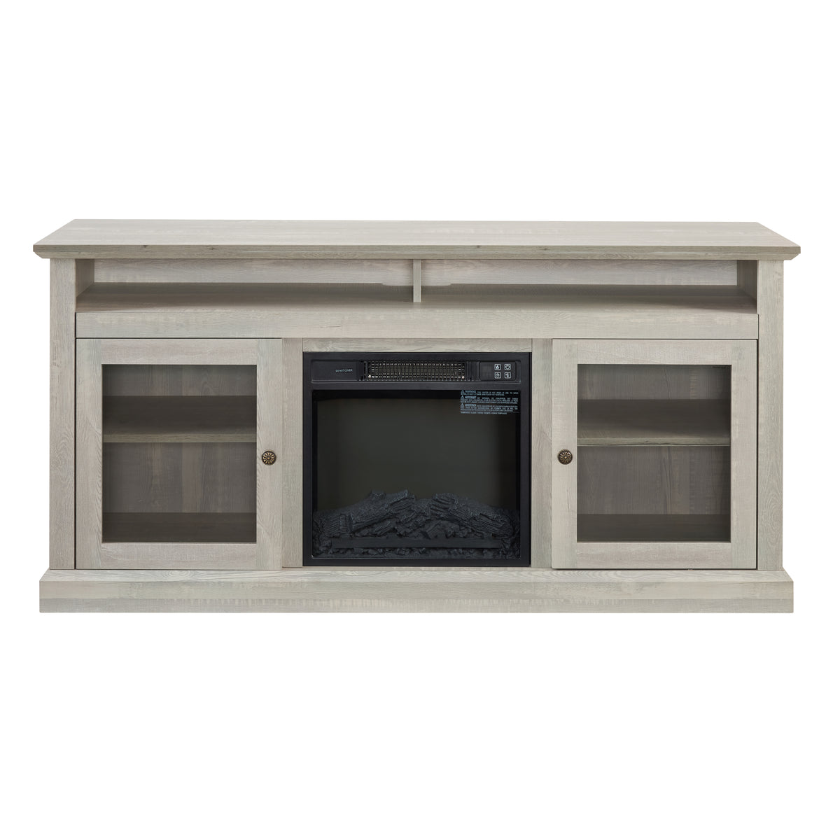 Stone gray finish Studio TV media console with built-in fireplace from Anthony & Home, featuring a modern design and sleek storage.