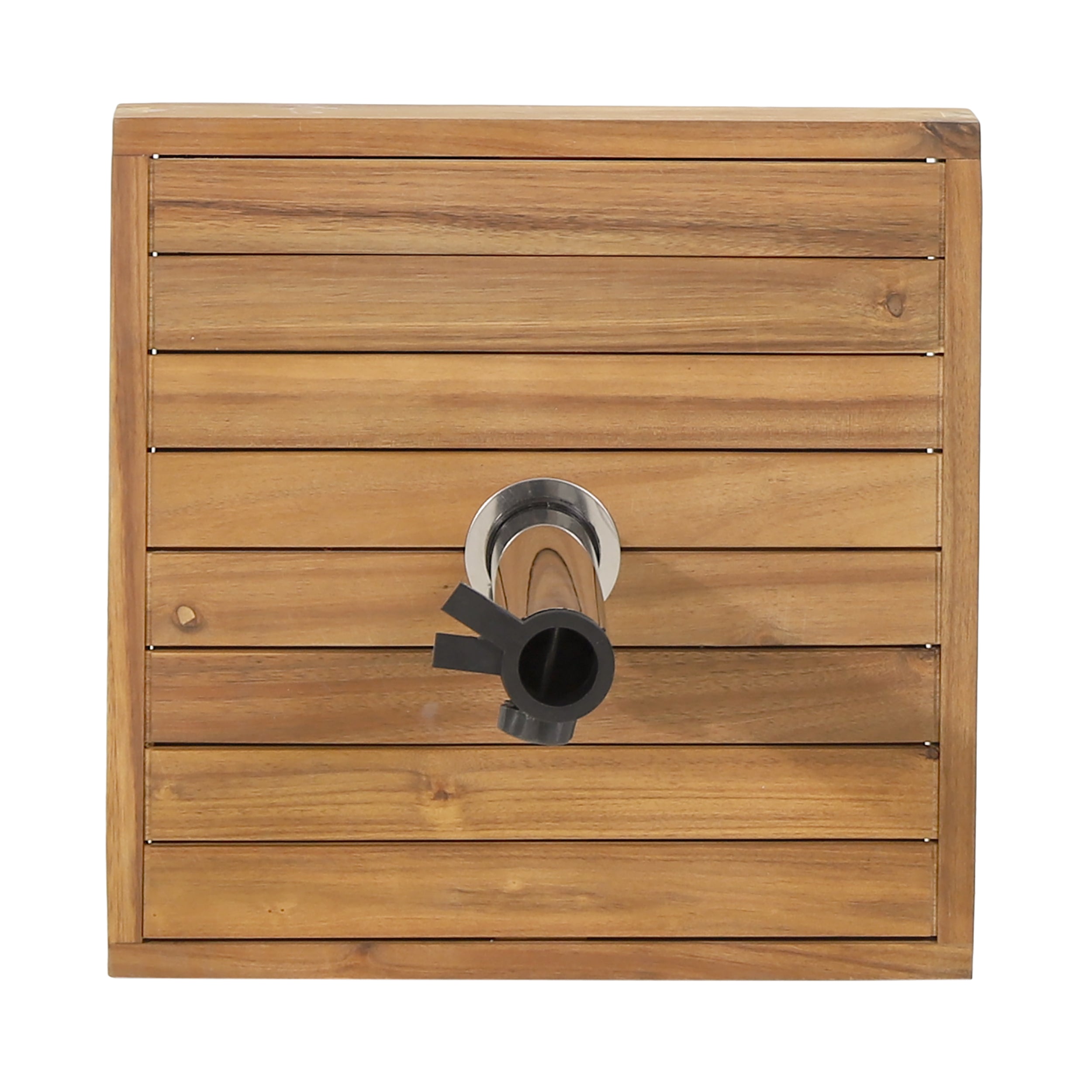 Anthony & Home Ralph Square Teak Umbrella Base, sturdy wooden outdoor umbrella stand with a square shape and natural teak finish.