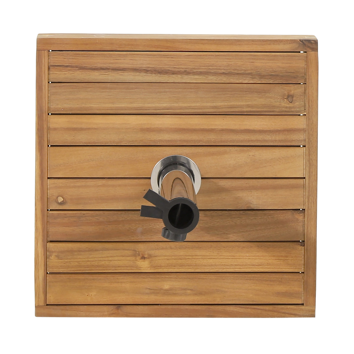 Anthony & Home Ralph Square Teak Umbrella Base, sturdy wooden outdoor umbrella stand with a square shape and natural teak finish.