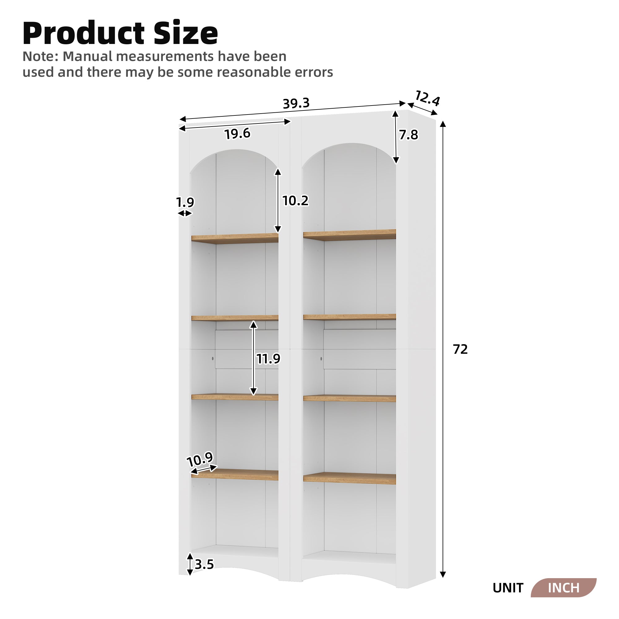 Two-tone wood-grain free-standing bookshelves by Anthony & Home with multiple shelves for storage and display.