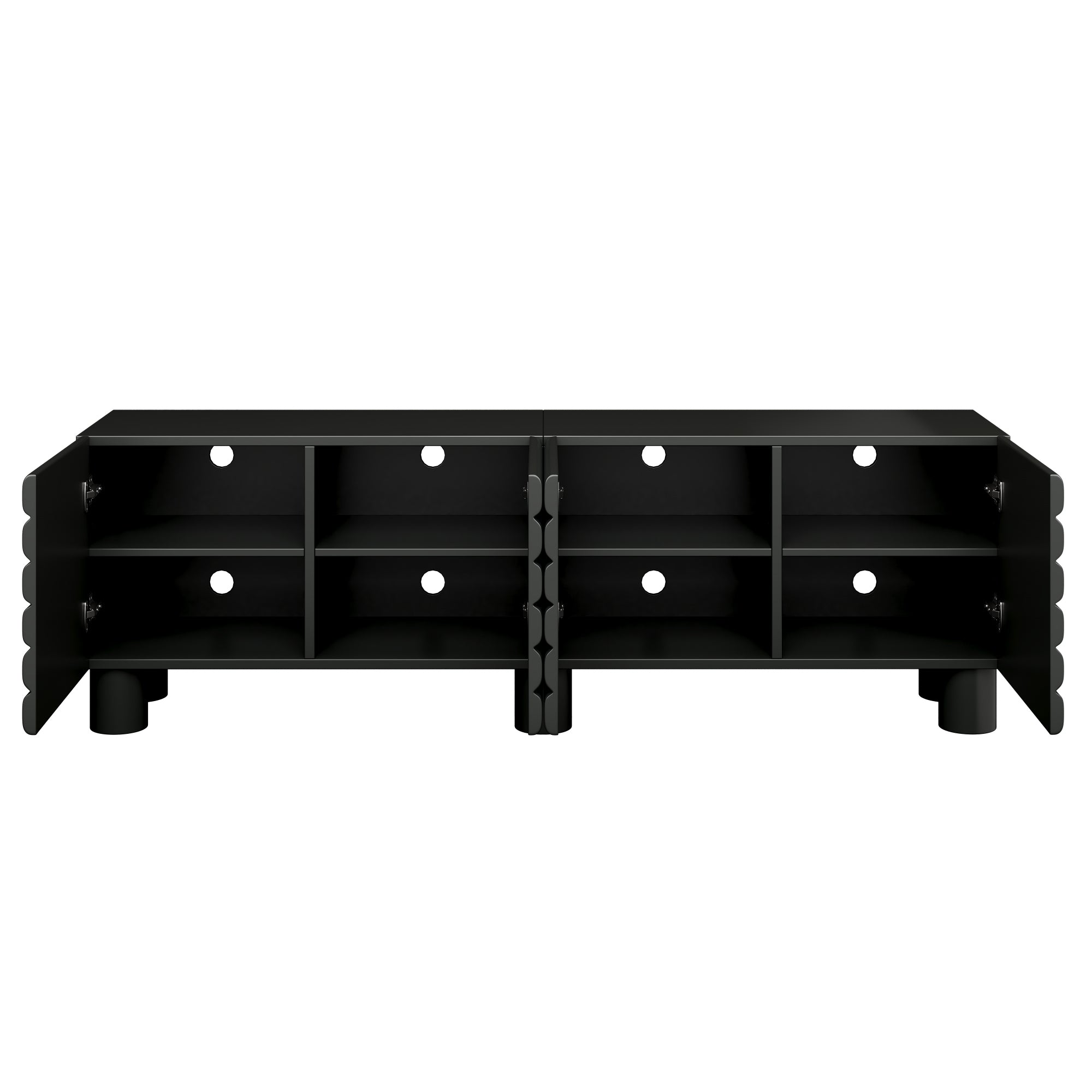 Anthony & Home matte black MDF media console with cylindrical legs, designed for TVs up to 75 inches.
