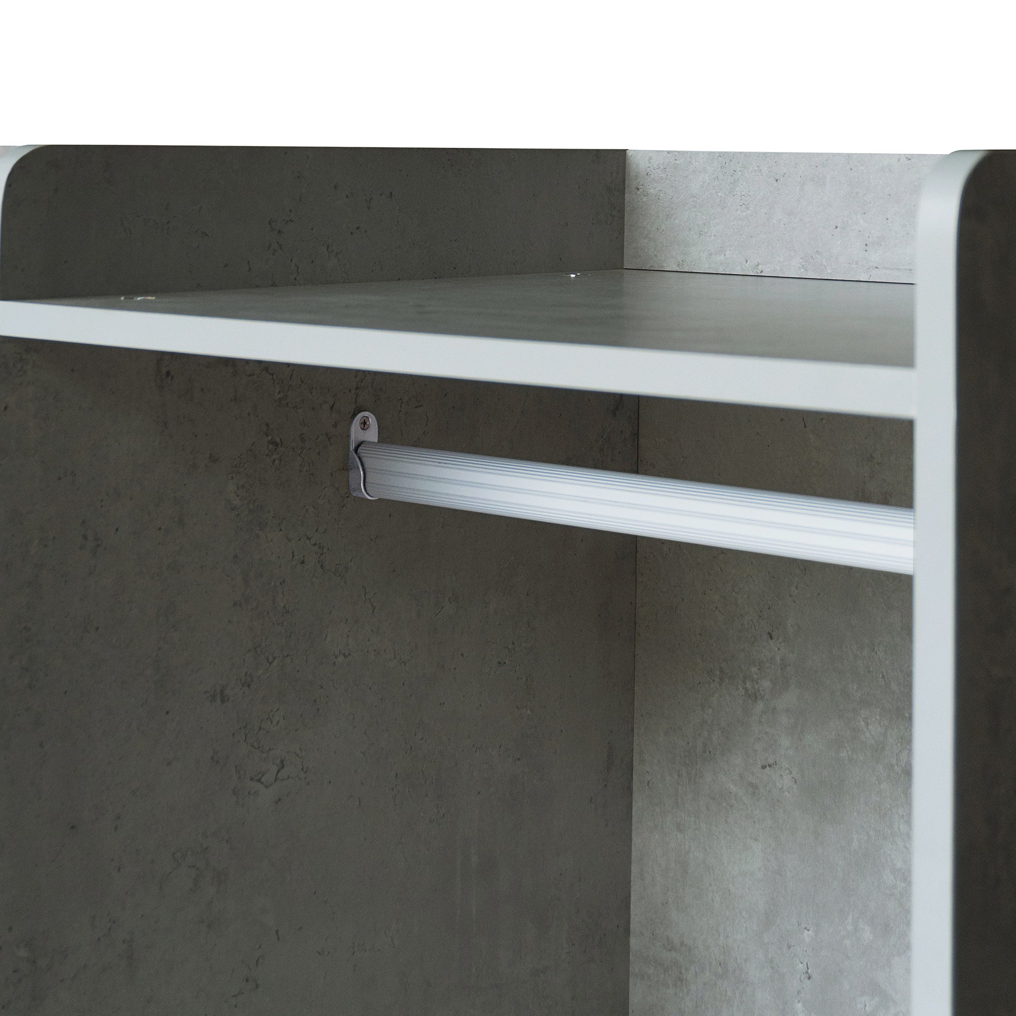 Open grey wooden wardrobe from Anthony & Home's Premier Collection with dual rods for versatile clothing storage.