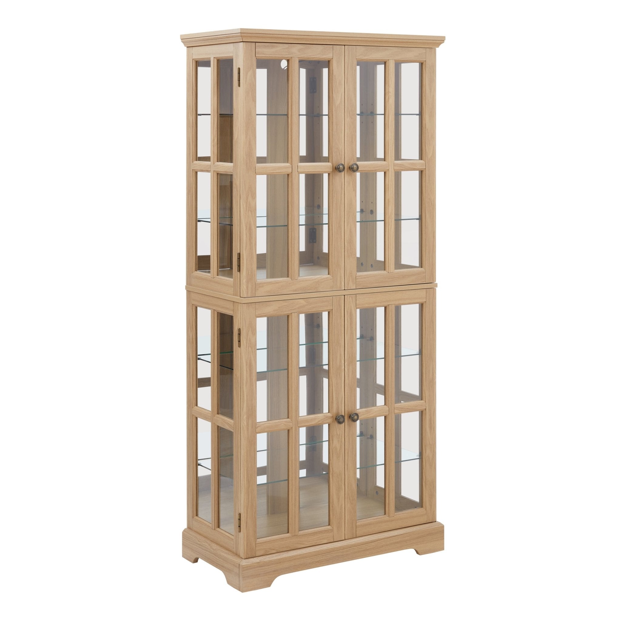 Anthony & Home oak curio cabinet with glass doors, showcasing elegant wooden frame and glass panels for display storage.