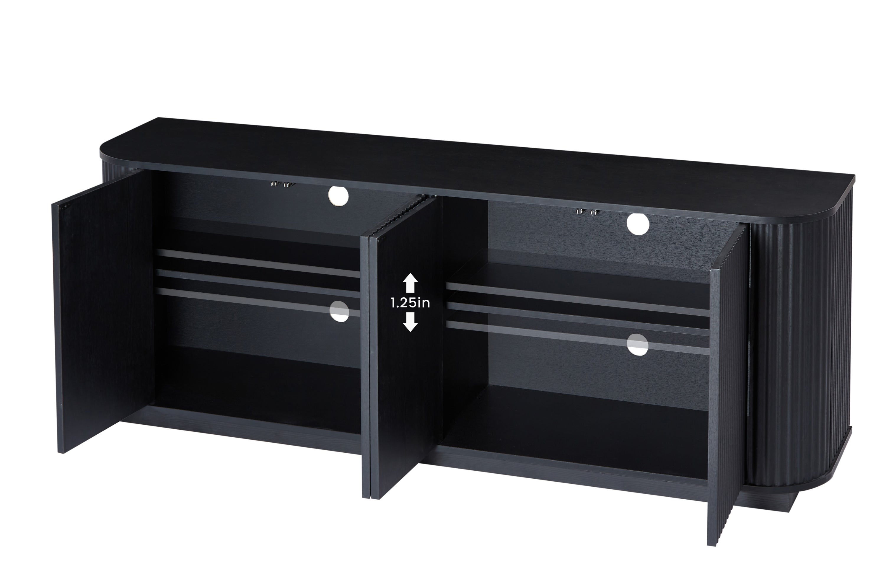 Black wood sideboard with wave pattern design, Anthony & Home studio TV stand with spacious storage and modern style.