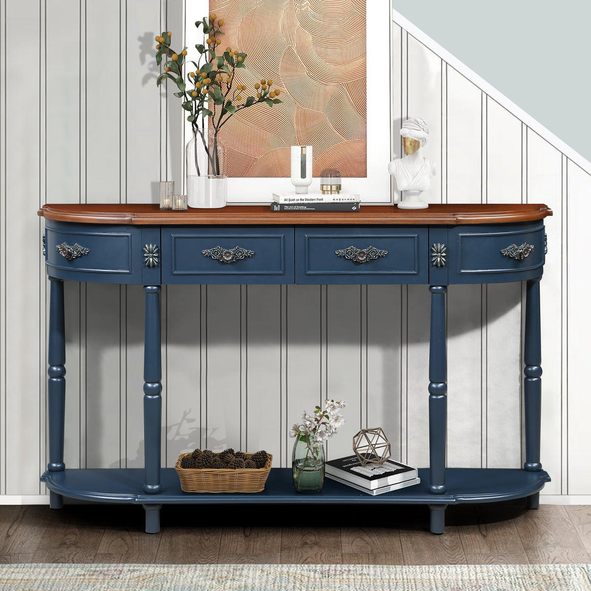 Solid wood half moon console table from Anthony & Home Studio Collection, featuring a sleek, curved design and natural wood finish.