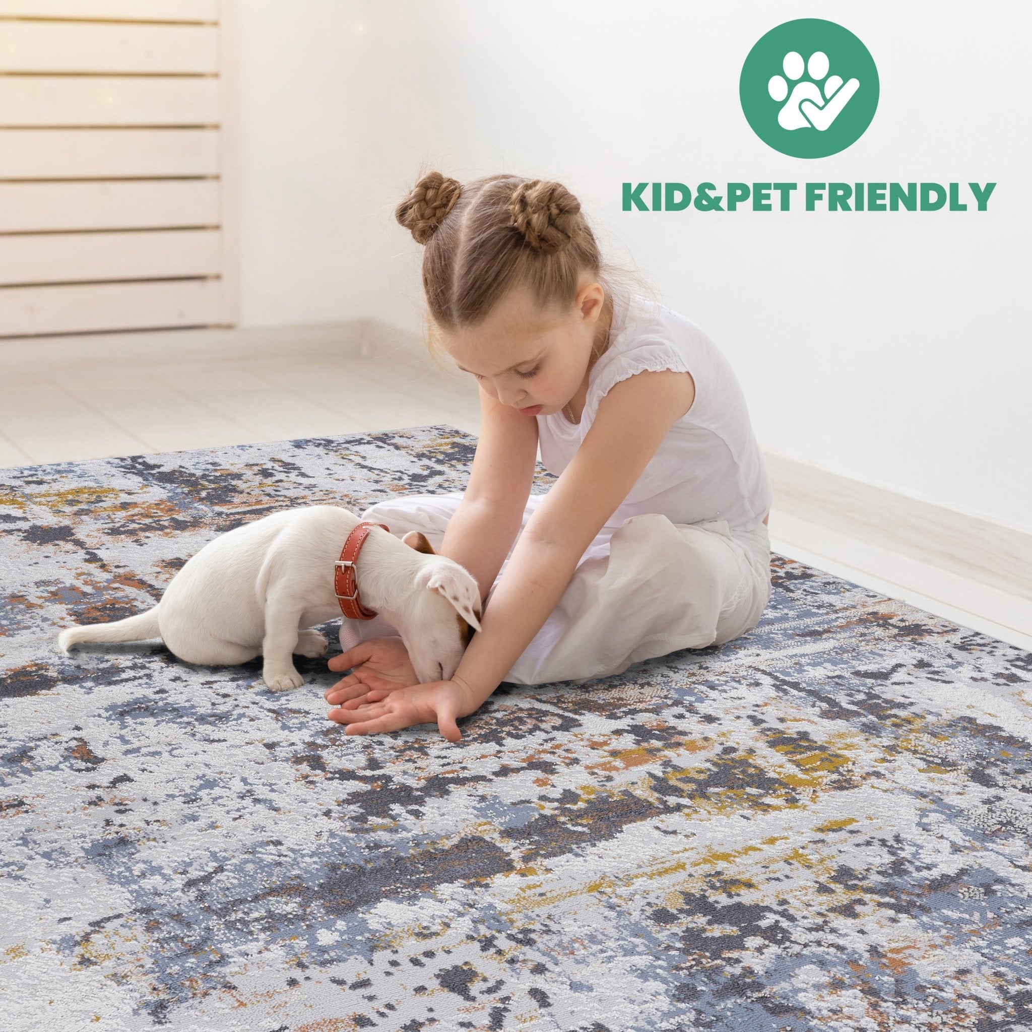 Ivory and navy abstract area rug from Loom and Luxe Collection by Anthony & Home, featuring a modern geometric design.