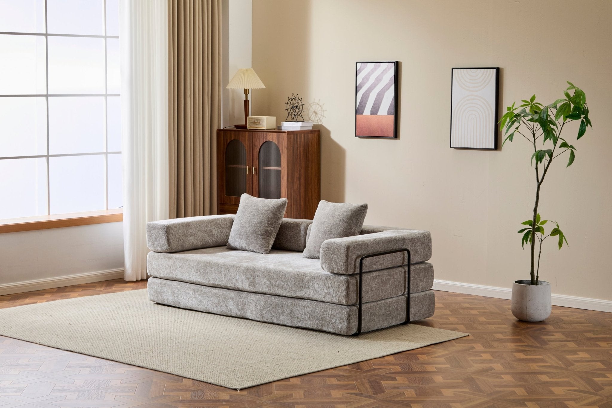 Light grey Anthony & Home chenille convertible floor sofa bed with pillow back, signature edition, showcasing its plush design and versatile style.