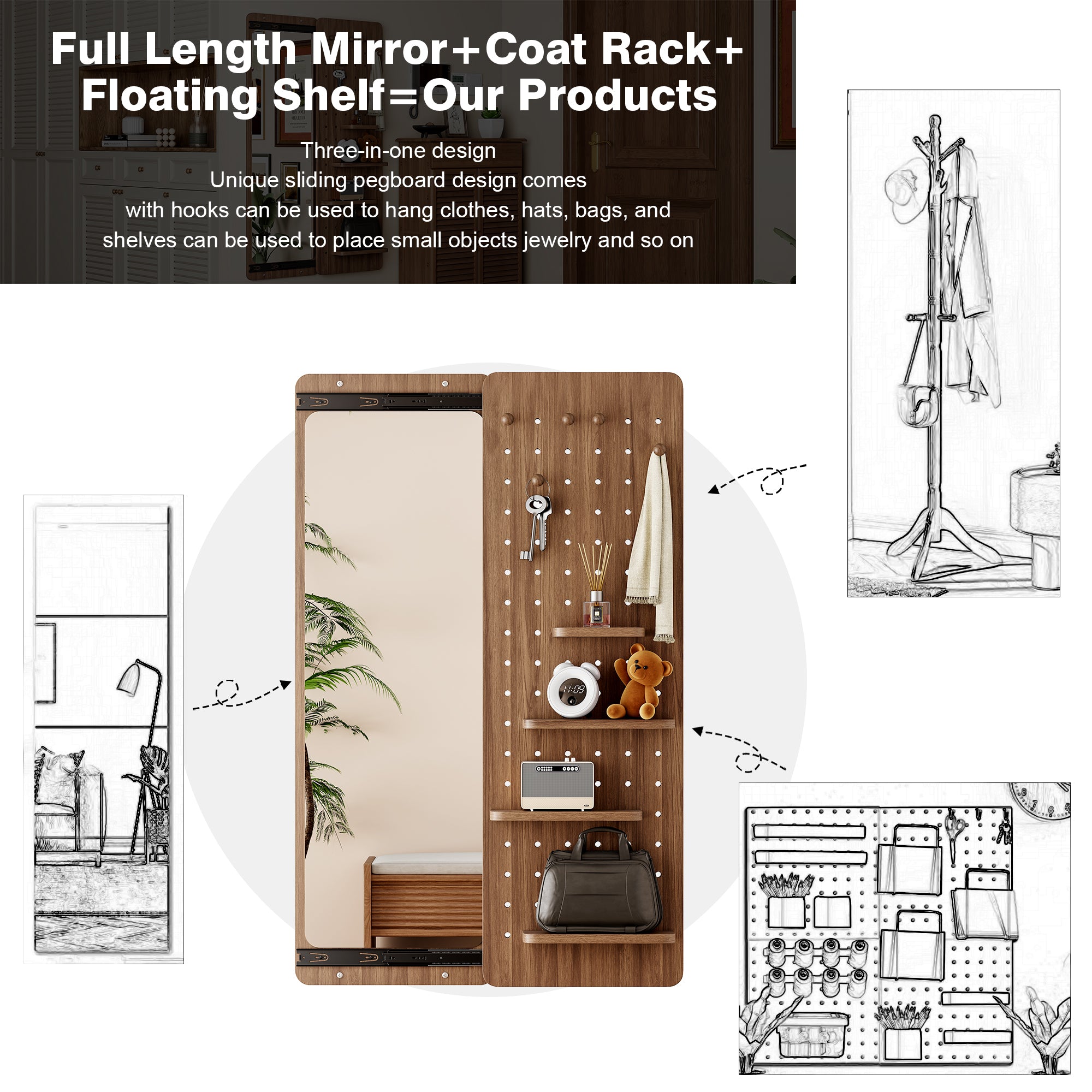 Walnut wall-mounted full-length mirror by Anthony & Home showing a sleek, modern design with a natural wood finish.