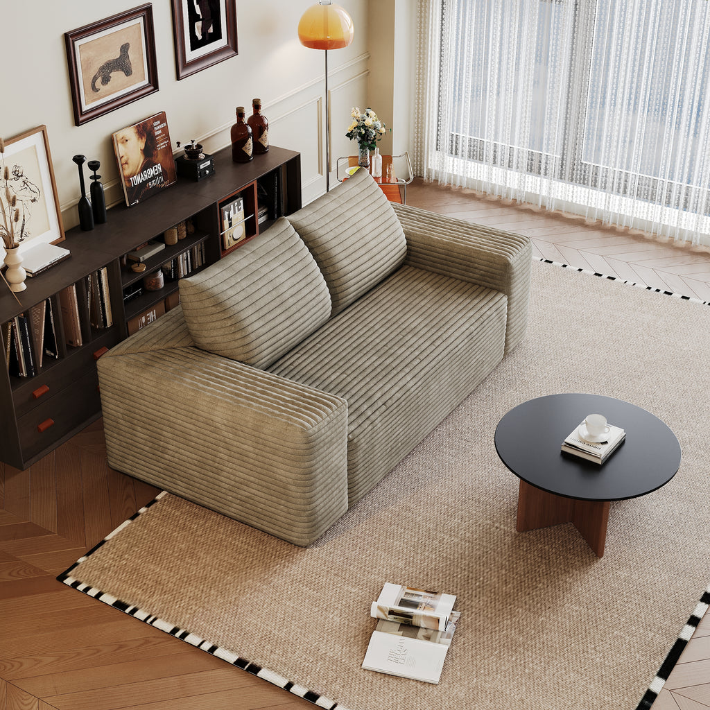 Anthony & Home Signature Corduroy Camel Two-Seater Sofa with plush cushions and stylish design in a cozy living room setting