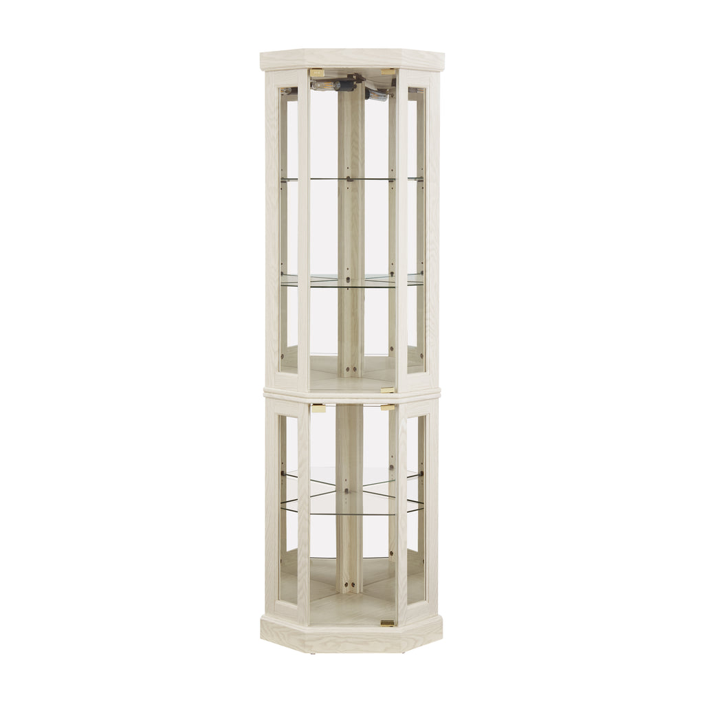 White lacquer lighted corner curio cabinet by Anthony & Home with glass doors and interior lighting for display.