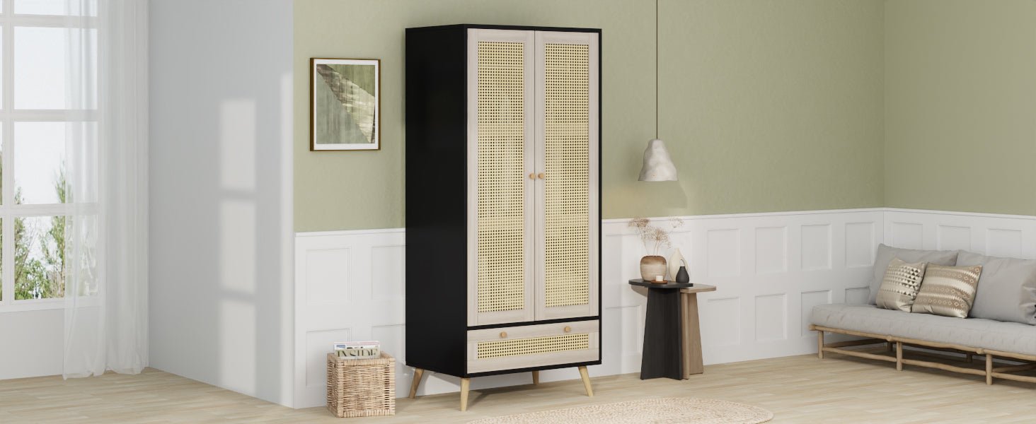 Anthony & Home boho armoire wardrobe with rattan door detail in natural black finish, showcasing stylish storage furniture.