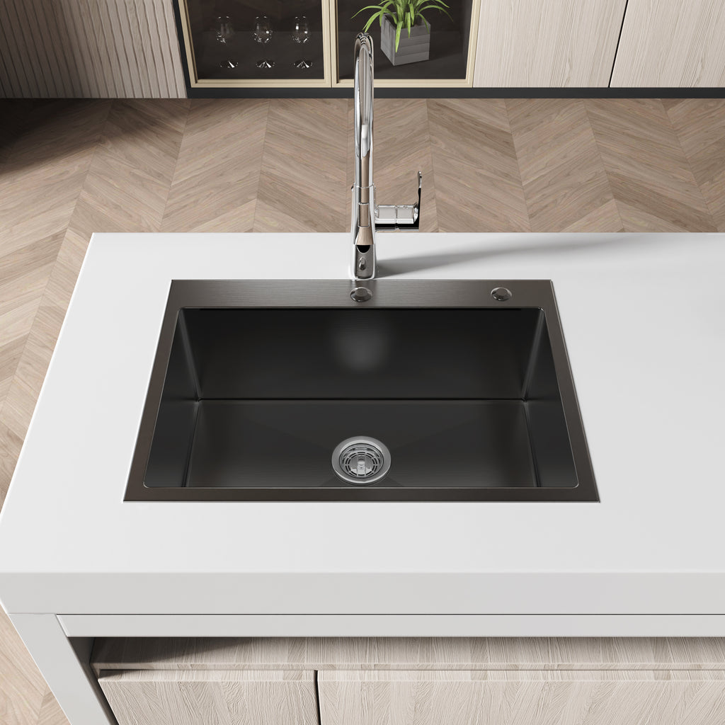 Handmade black stainless kitchen sink overmount by Anthony & Home, showcasing a sleek, durable design for modern kitchen use.