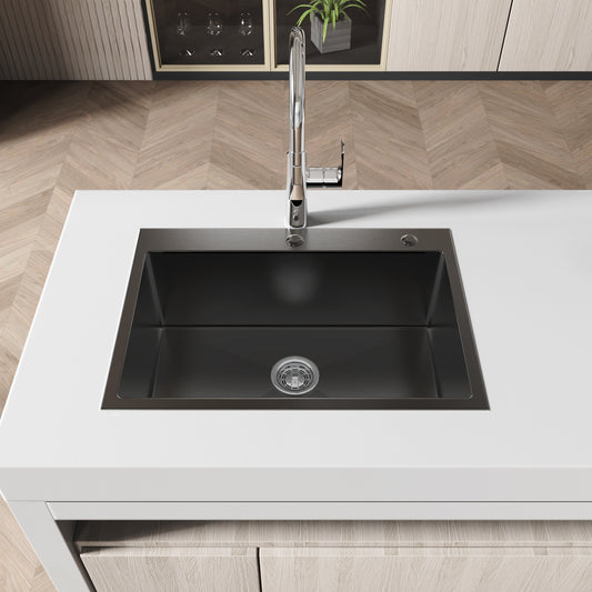 Handmade black stainless kitchen sink overmount by Anthony & Home, showcasing a sleek, durable design for modern kitchen use.