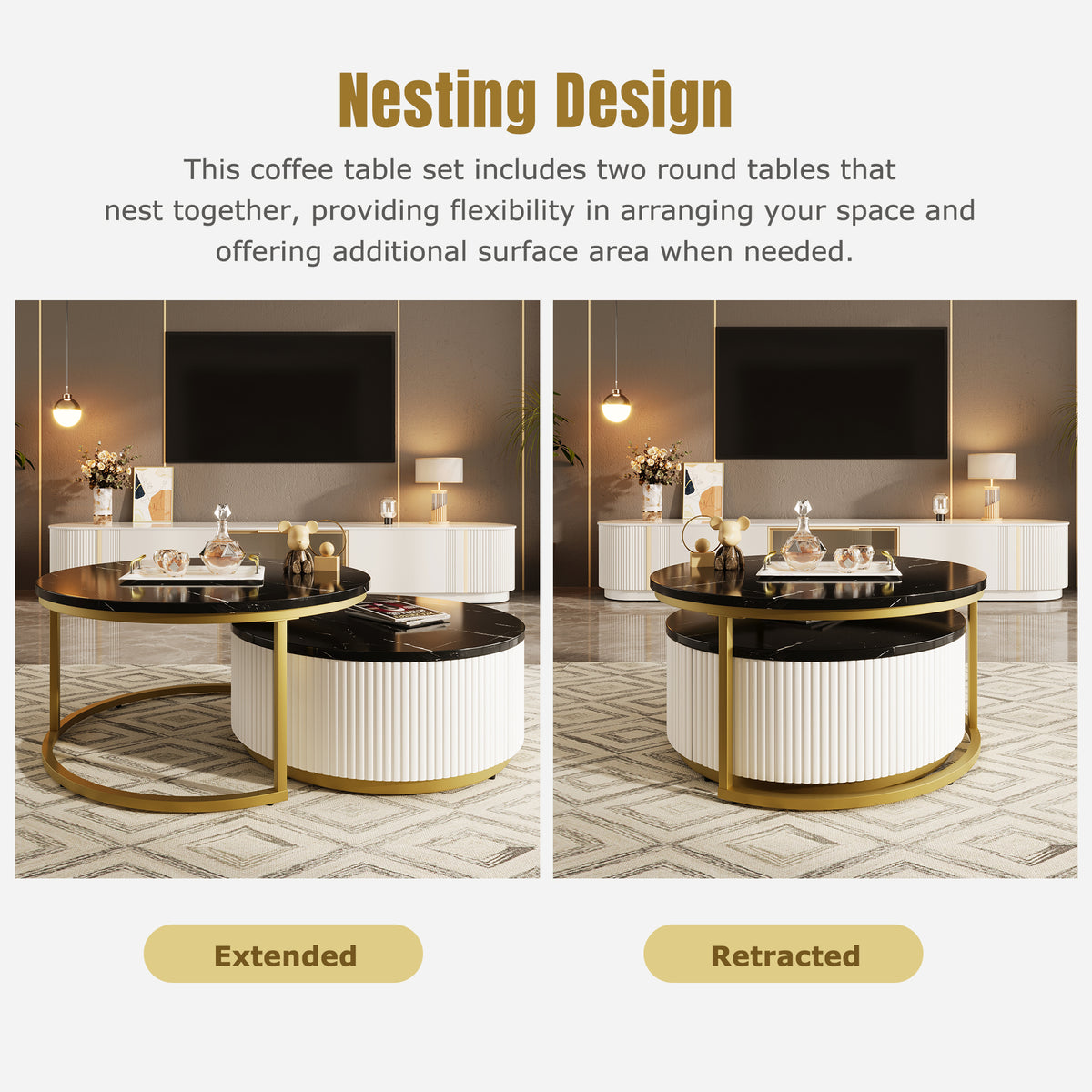 Anthony & Home Atelier Fluted Brass Round Nesting Coffee Table with Drawer, showcasing the elegant brass finish and stylish design.