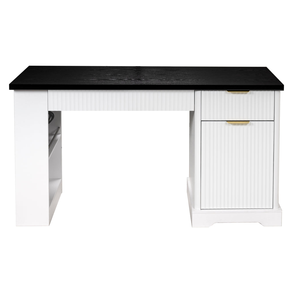 White 55-inch Atelier Fluted Office Desk by Anthony & Home with storage cabinet, pegboard, and keyboard tray.