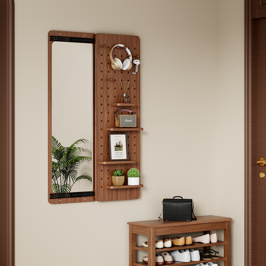 Walnut Wall Mounted Full Length Mirror With Signature Shelf