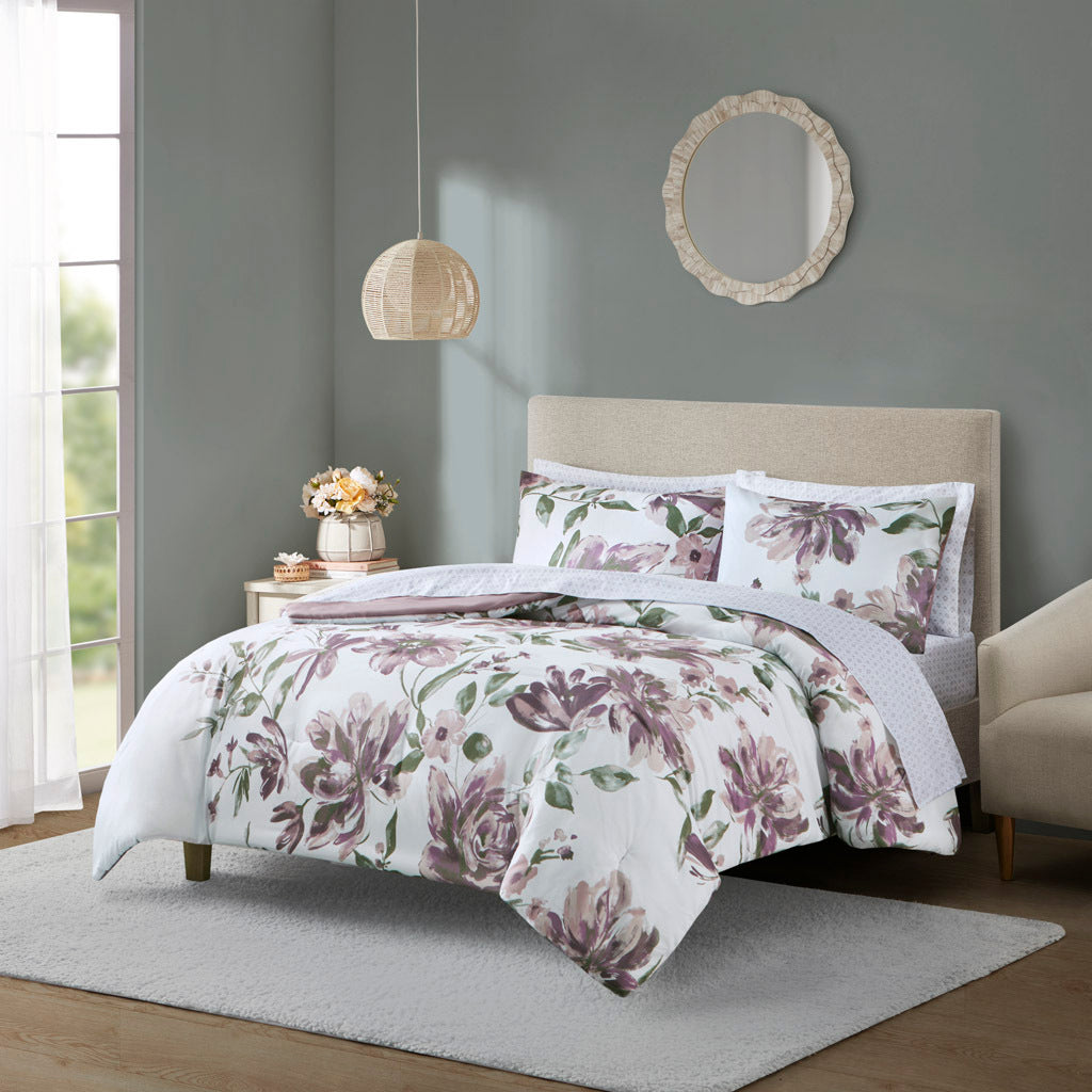Floral Twin Comforter Set With Sheets Mauve Polyester Collection Deluxe Edition Signature
