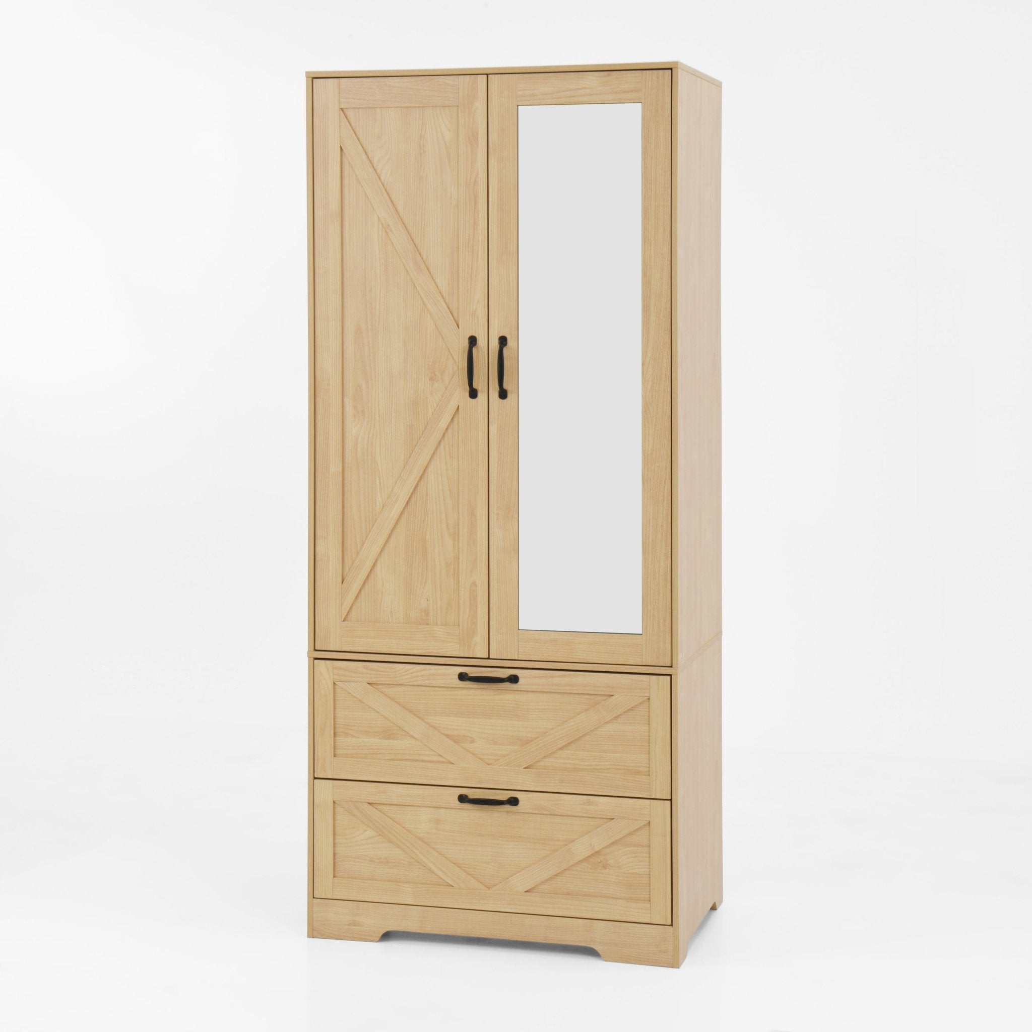 Anthony & Home natural veneer wardrobe with built-in light, mirror, two doors, hanging rod, and two drawers.