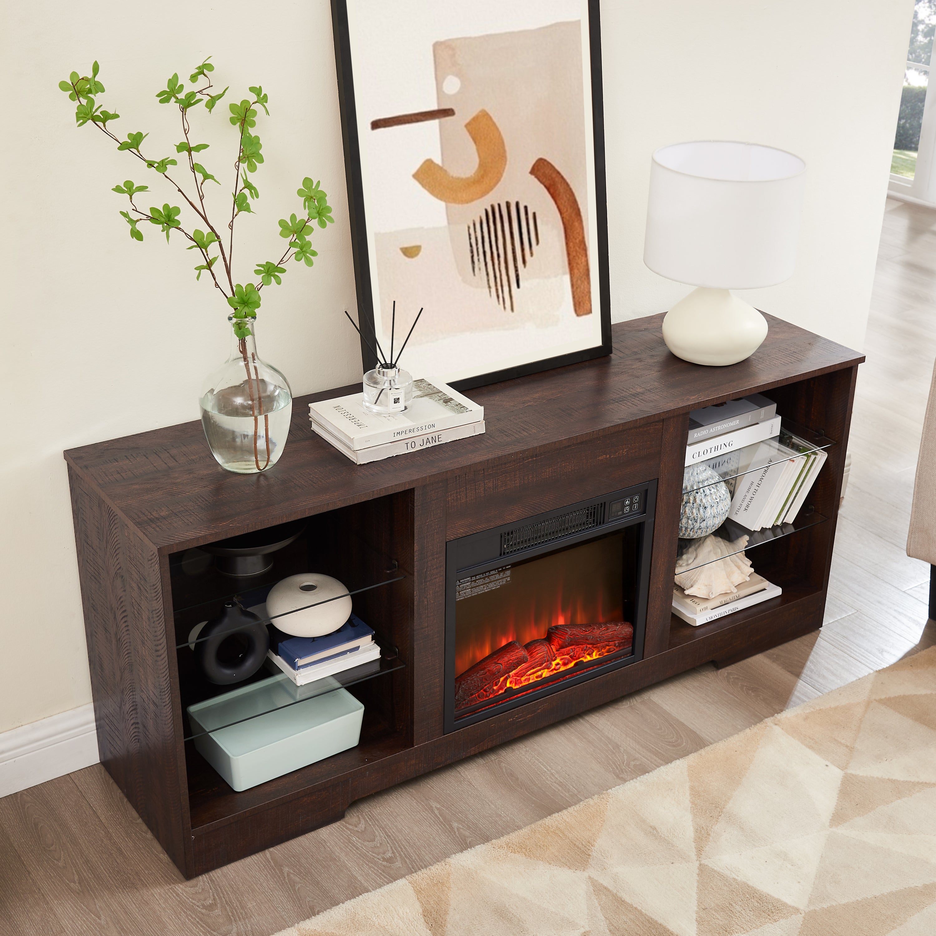 Anthony & Home electric fireplace TV stand with glass shelves, LED lighting, USB outlet, in the Studio Collection.