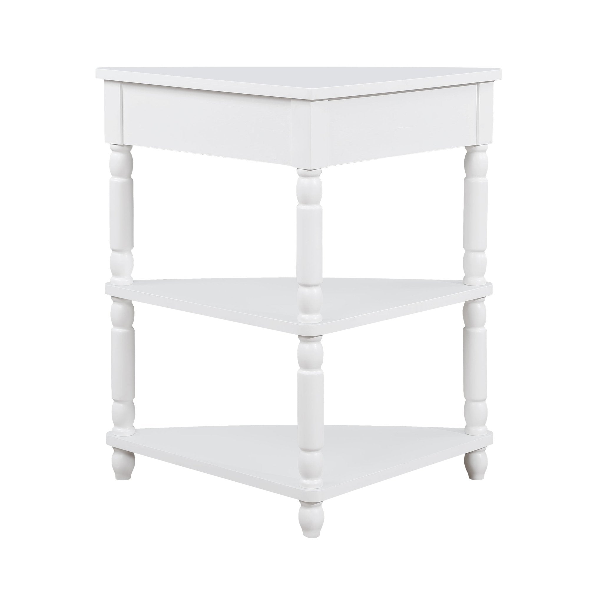 Milk white solid wood triangle corner table by Anthony & Home, showcasing a sleek, modern design with smooth edges and sturdy construction.