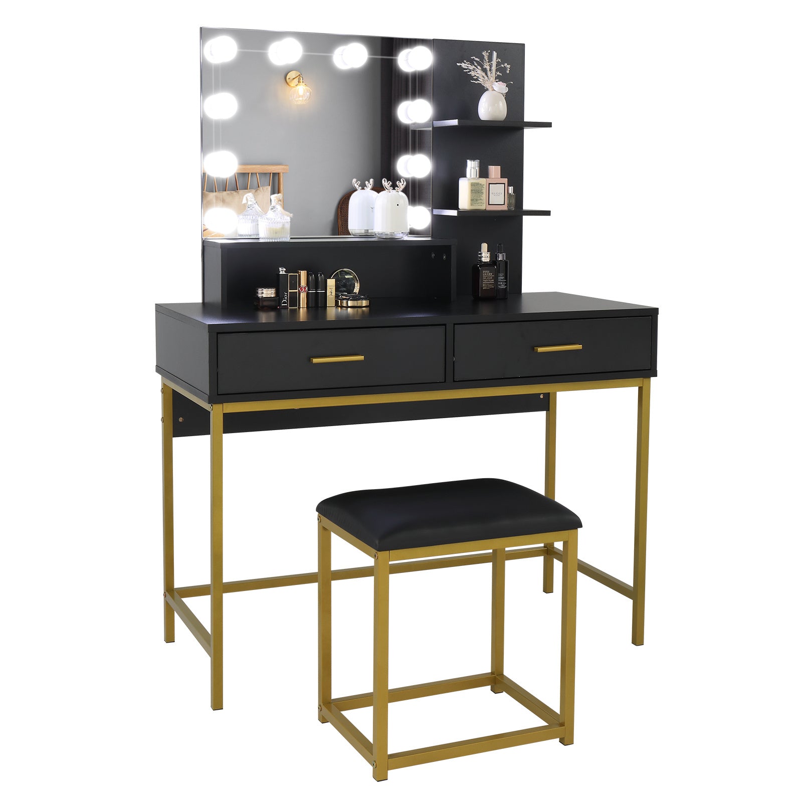 Black Dressing Table Set Two Drawers And Three Tier Shelf