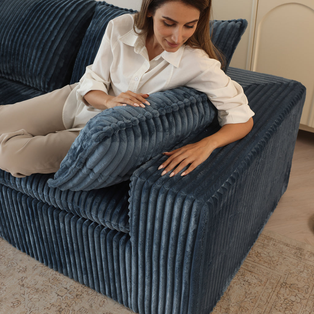 Blue Anthony & Home corduroy cloud sofa with deep seat and removable cushions from the Atelier Collection.