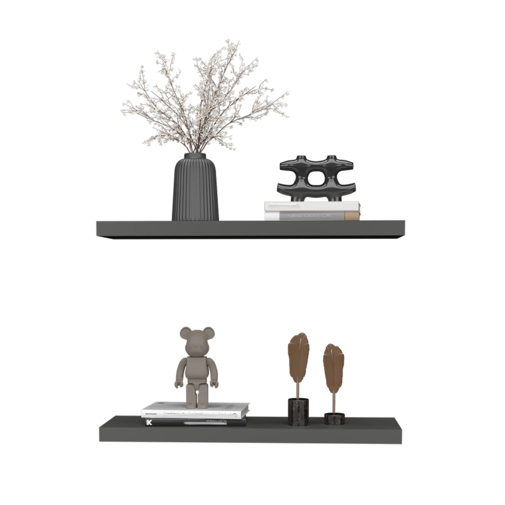 Anthony & Home Studio two-tier floating shelves in matte gray finish mounted on a wall with decorative items displayed