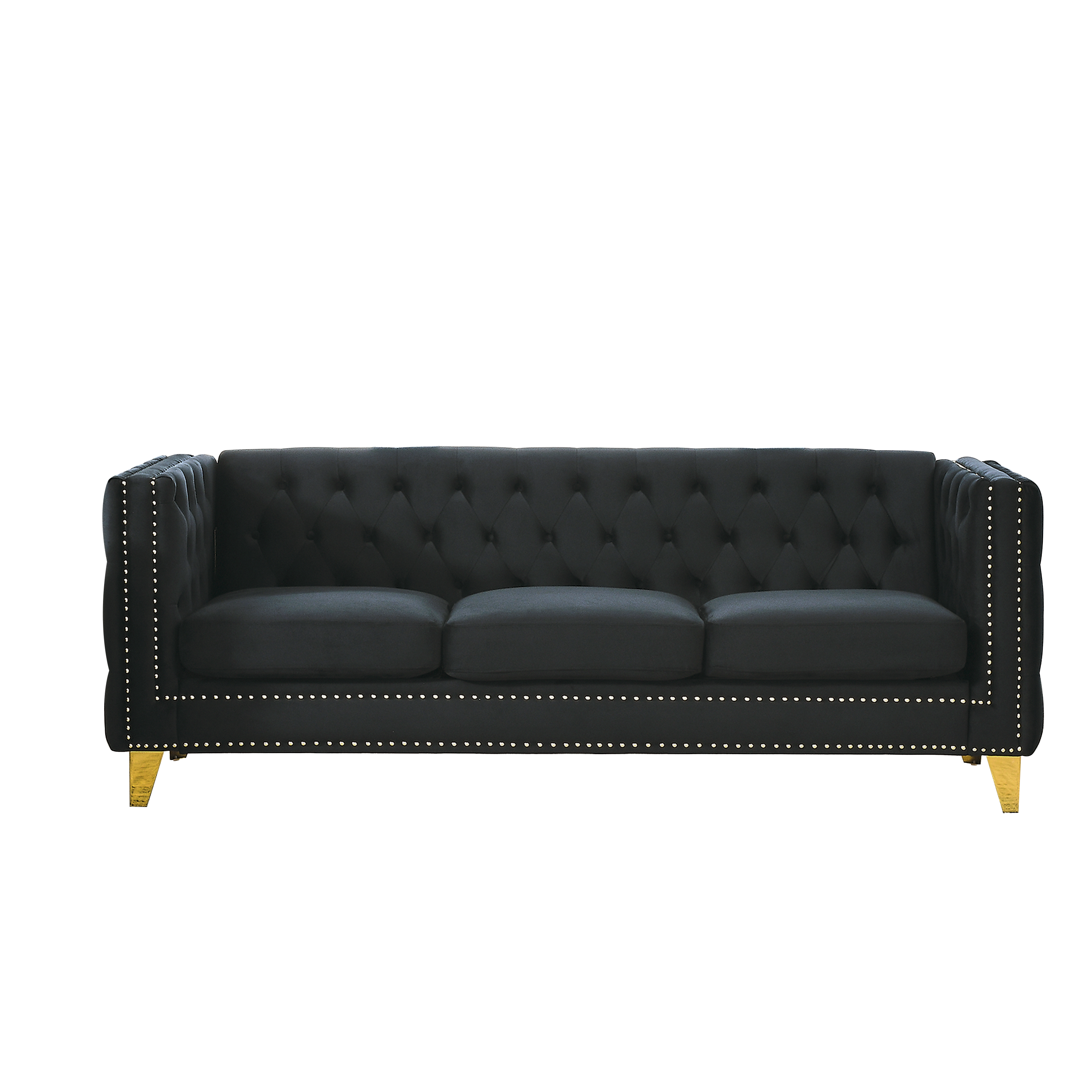 Modern black velvet 3-seater sofa with button tufting, metal legs, and soft upholstery, perfect for living room or bedroom.