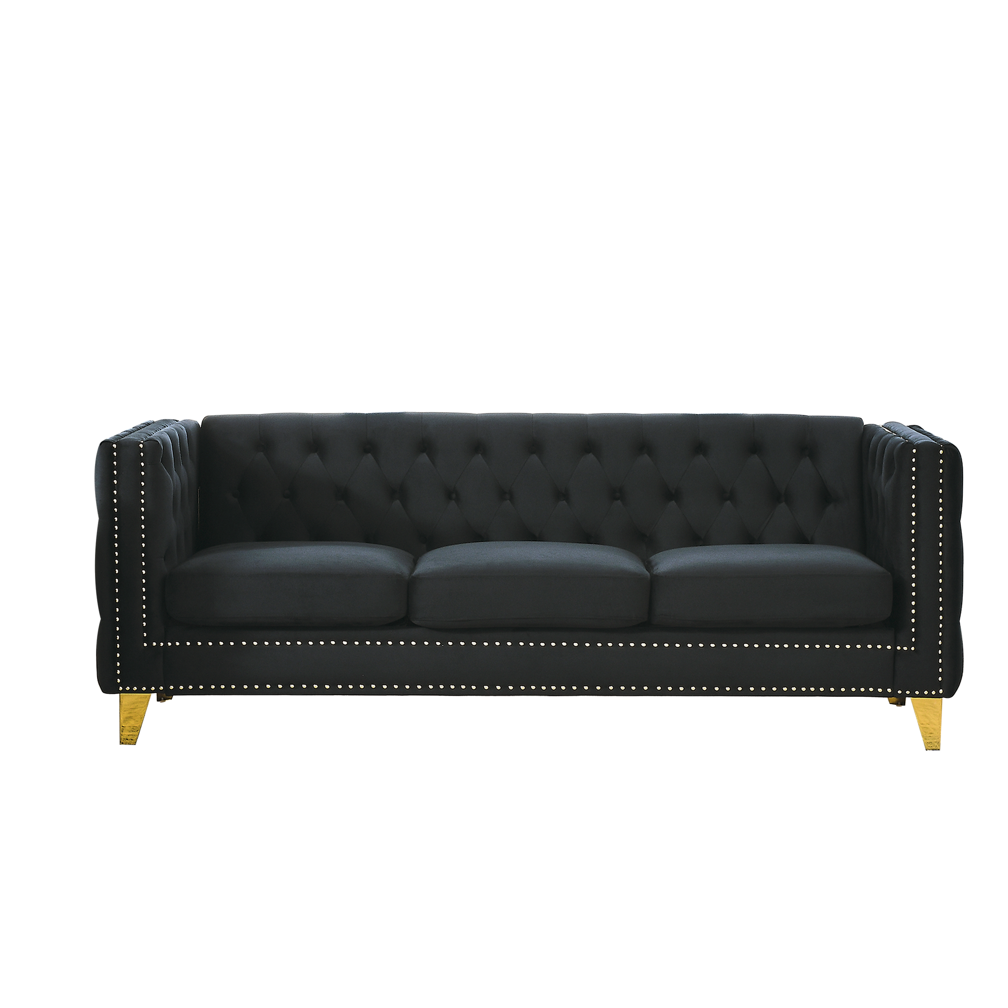 Black Atelier Velvet Tufted 3-Seater Sofa with metal legs by Anthony & Home, showcasing plush velvet upholstery and elegant tufting.