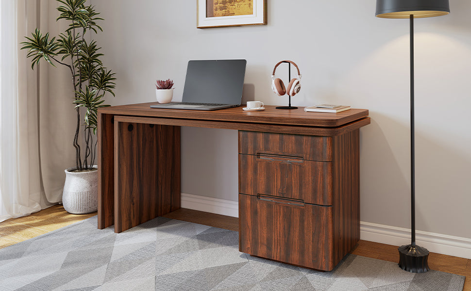 Walnut L-shaped desk with 3 drawers and 360-degree rotation by Anthony & Home, featuring a sleek modern design.