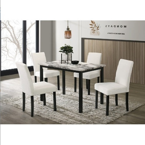 White Wool Chairs and Faux Marble Table 5pc Dining Set